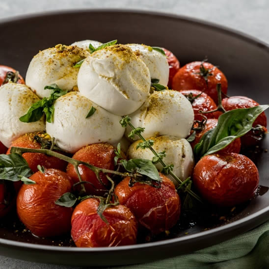 Dica do Charl: Um toque mediterrneo com Tomate confit com mozzarella Bfalo Dourado e farofa de pistache